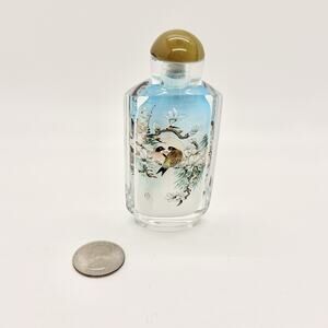 Vtg Chinese Glass Snuff Bottle Reverse Painted Signed Mary Birds Floral Top